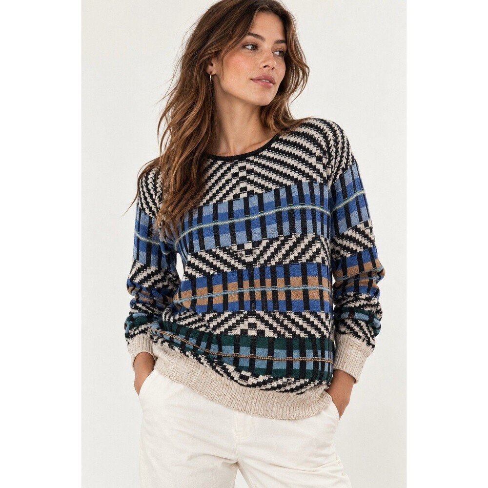 NIC+ZOE Graphic Stripe Sweater Blue Multi Fair Isle NWT Size M